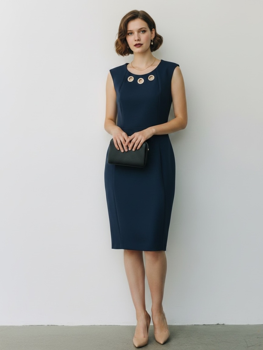Calvin Klein Navy Sheath Dress with Silver-Tone Eyelet Detail